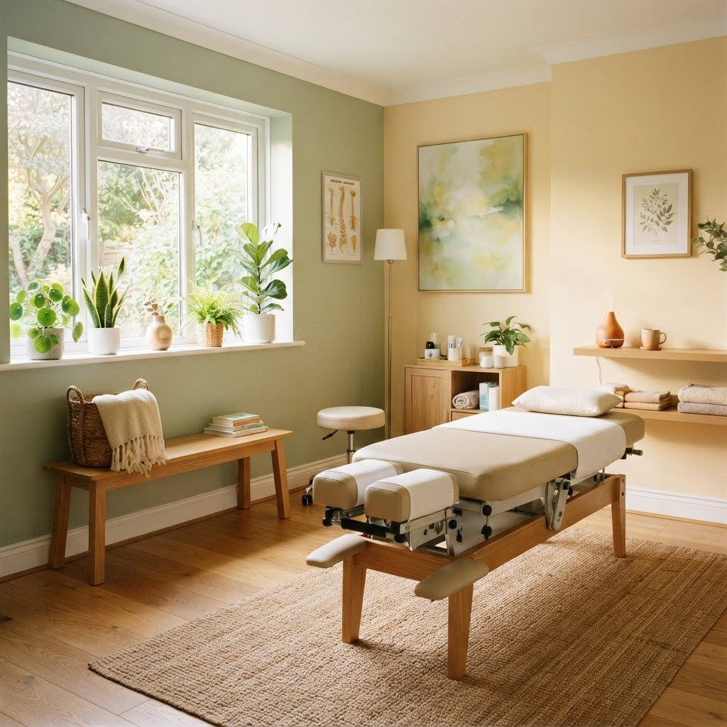 Dr. Christine's sunlit Colchester treatment room beside the adjustment table