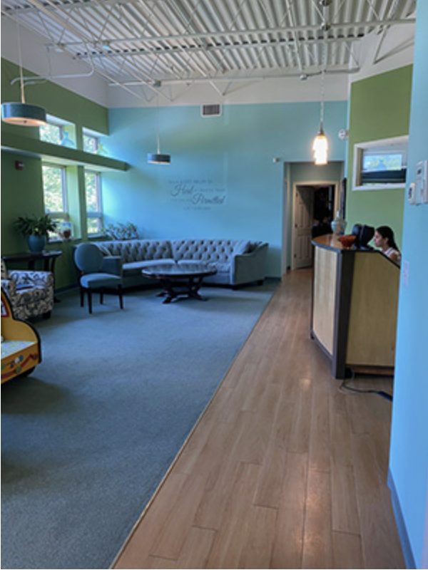 Sunlit reception lounge with a grey tufted sofa, coffee table, and green and teal walls